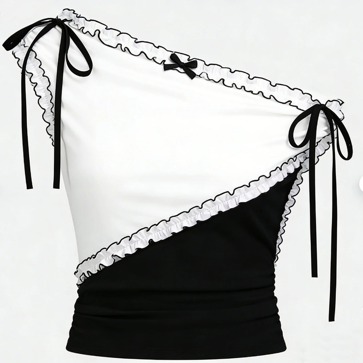 Black White One Shoulder Ruffle Top