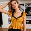 Mustard Yellow Bow Lace Top