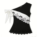 Black White One Shoulder Bow Lace Top