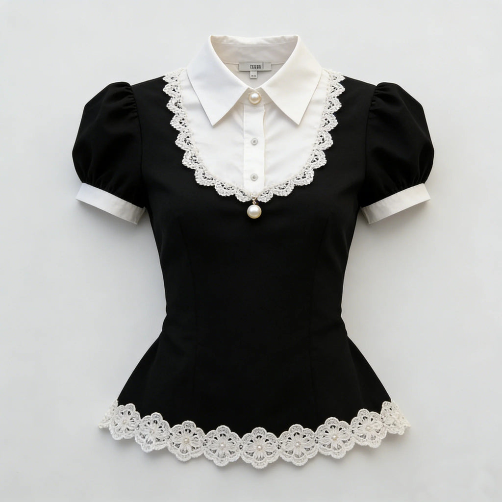 Black White Pearl Lace Blouse