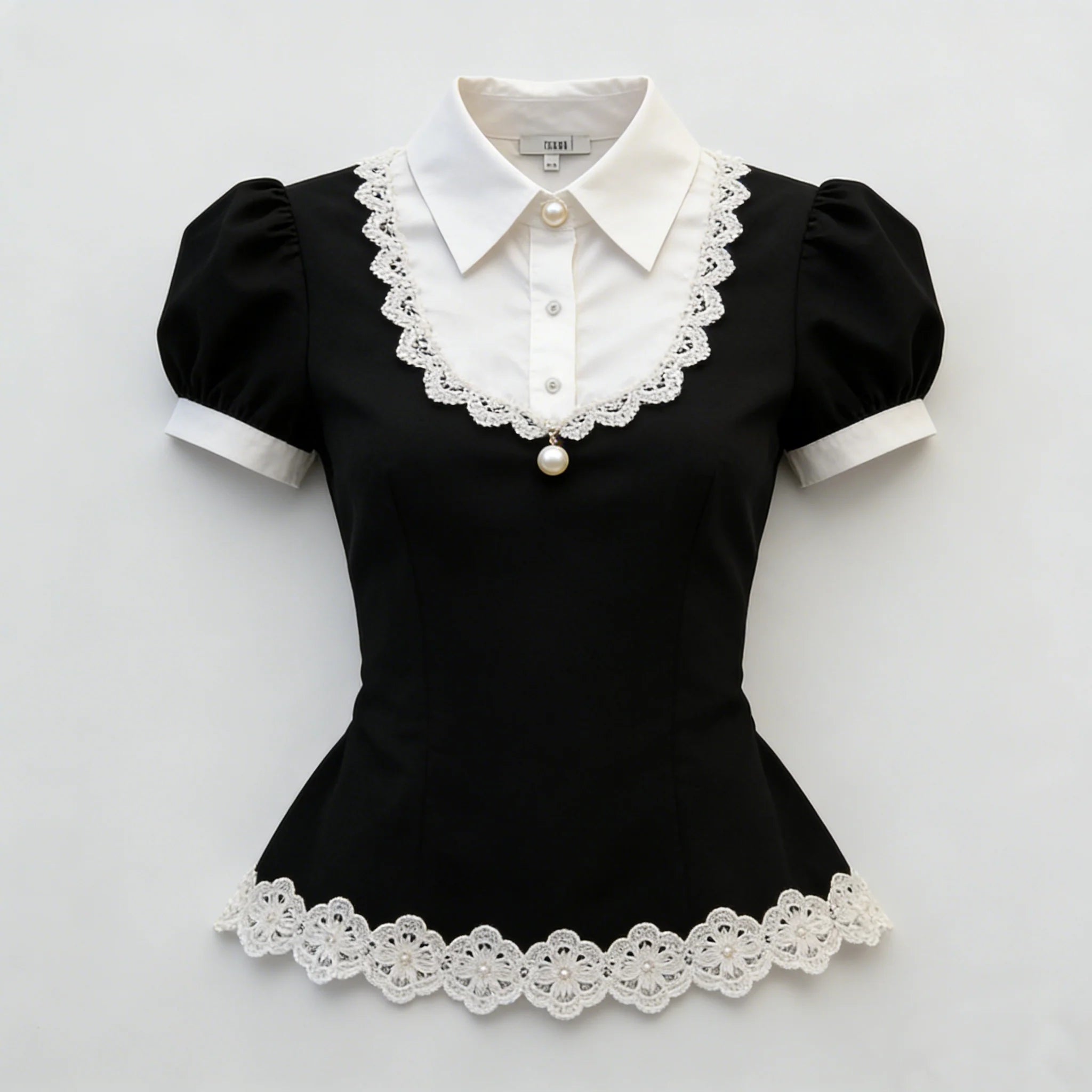 Black White Pearl Lace Blouse